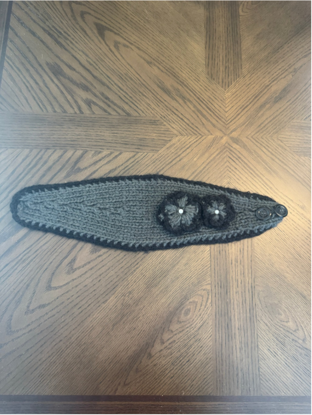 Black & Gray Knit Floral Ear Warmer Headband Button Detail